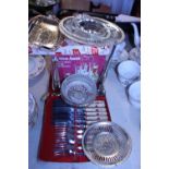 A selection of plated wares including boxed sherry set and cake stand