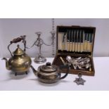 A selection of collectibles including boxed canteen of cutlery candelabra and teapots