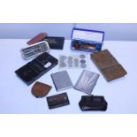 A good group of collectables including cigarette cases, coins, Roller Razer etc