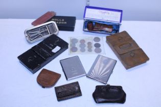 A good group of collectables including cigarette cases, coins, Roller Razer etc
