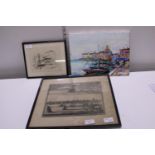 Two antique etchings and a signed oil on canvas of a Greek fishing village