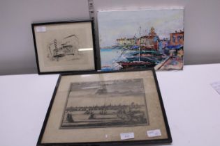 Two antique etchings and a signed oil on canvas of a Greek fishing village