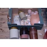 A box of assorted vintage earthen ware containers etc, shipping unavailable