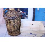 A vintage wicker work basket with stoneware flagon and four Jersey Oyster wooden punnets