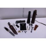 A selection of collectable militaria including knife by Christopher Johnson and co, ammo pouch,
