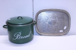 A silver plated tray and a green enamel bread bin. Shipping unavailable