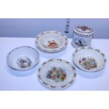 A selection of Royal Doulton Bunnykins ceramics and a delftware lidded jar