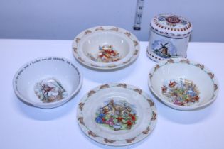 A selection of Royal Doulton Bunnykins ceramics and a delftware lidded jar