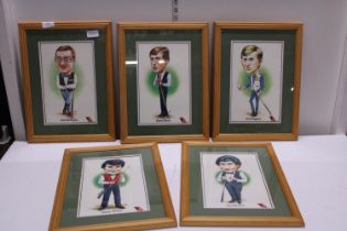 Five framed snooker player prints from 1980's