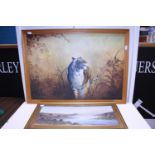 A large oil on canvas of a Tiger by H Whitaker (Damaged) and another framed landscape entitled '
