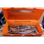 A tool box & contents of assorted spanners. No shipping.