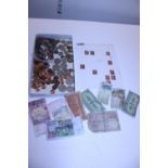 A selection of vintage bank notes and coins along with selection of Penny Red stamps