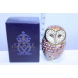 A Royal Crown Derby boxed paperweight, Owl with silver stopper