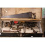 A vintage carpenters wooden tool box and contents of tools