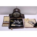 A vintage wooden cased mantle clock & selection of flat ware