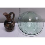 A large glass bowl & art pottery jug. Shipping unavailable