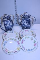 Eight Royal Worcester Kentmere saucers and plates and two Royal Worcester Avon Scenes teapots