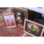 Three gilt framed still life's on canvas, shipping unavailable