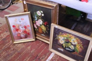 Three gilt framed still life's on canvas, shipping unavailable