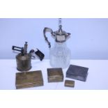 A selection of assorted metal ware boxes and Claret jug