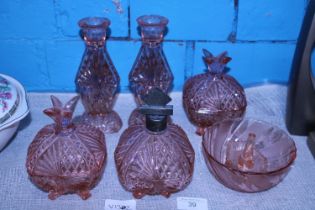 A 1930's pink glass dressing table set a/f