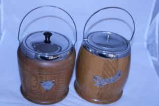 Two vintage wooden biscuit barrels with liners
