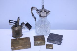 A selection of assorted metal ware boxes and Claret jug