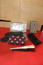 A selection of assorted ladies accessories and two antique glove stretchers