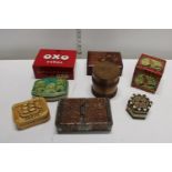 A selection of vintage tins and treen items