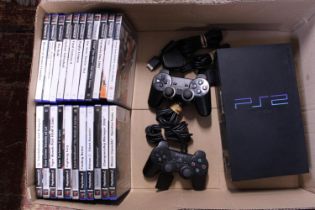 A PS2 console with controllers and assorted games in working order