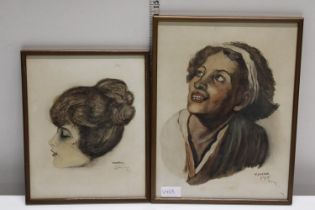 A pair of antique framed watercolour portraits by V Coates