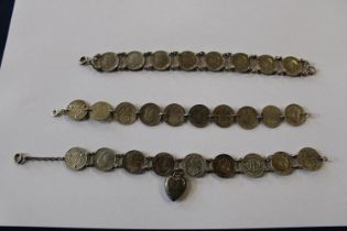 Three vintage three pence silver bracelets