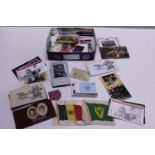 A tray mint stamps, football cards, postcards and silks