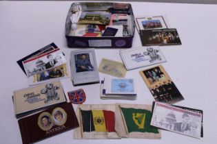 A tray mint stamps, football cards, postcards and silks