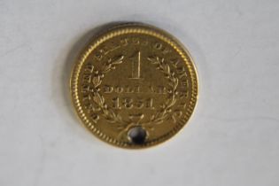 A 1851 American one dollar gold coin 1.64g (with drill hole)