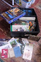 A vintage storage box and contents of assorted ephemera (mainly steam train related), shipping