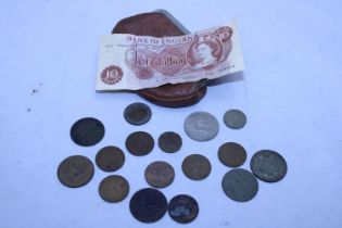 A selection of old British coinage and a ten shilling note
