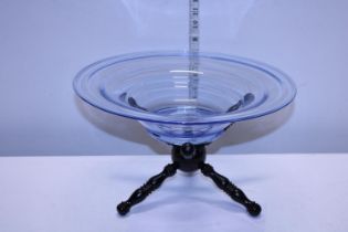 A large blue art glass bowl on wooden stand shipping unavailable