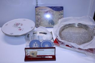 A ceramic cake stand and other including Viners, Wedgewood etc