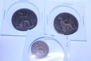 A selection of antique British coinage including a 1861 farthing, 1867 penny and 1879 penny