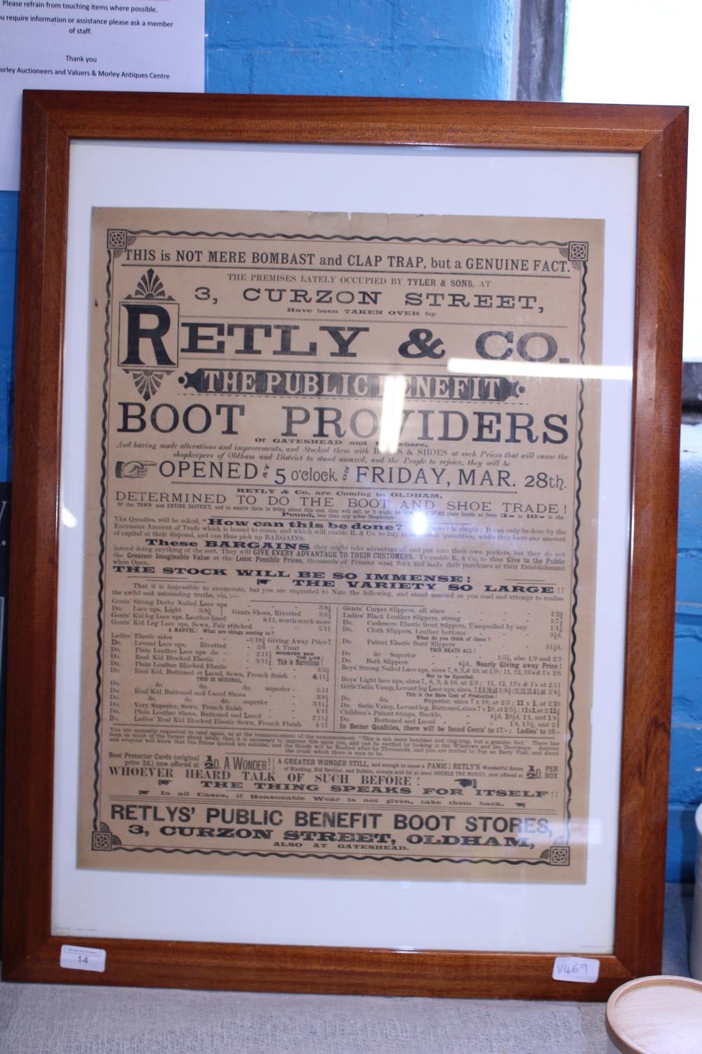 A original framed Victorian advertising poster for Retly & Co. Boot Providers, shipping unavailable