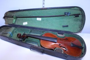 A antique cased violin and bow a/f
