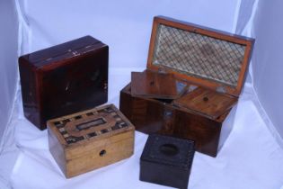 A selection of treen and Bakelite items including tea caddy