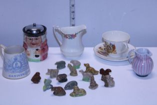 A job lot of assorted ceramics including Wade whimsies and a Rye pottery jug