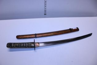 A ornate handled Samurai/Kodachi short sword in wooden scabbard with bronze fittings. Length of