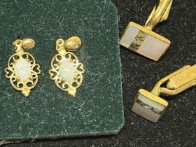 A pair of yellow metal and opal earrings, and a pair of MOP cufflinks