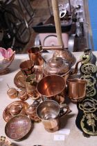 A job lot of assorted copper ware and a horse brass