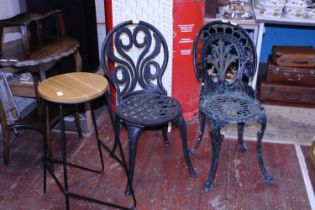 Two metal garden chairs and a bar stool, shipping unavailable