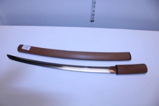 A short bladed wooden handled Samurai sword, 46cm blade length, measured from Habaki, shipping