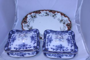 Two ceramic blue and white tureens and Victorian ceramic meat plate a/f shipping unavailable